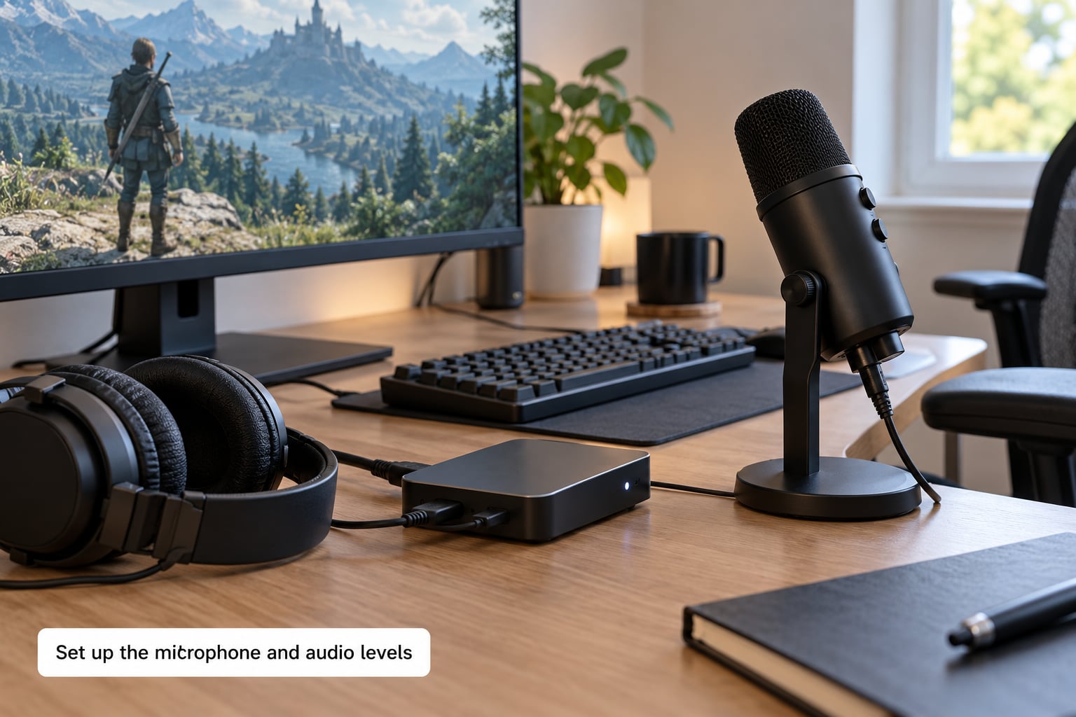 Set up the microphone and audio levels